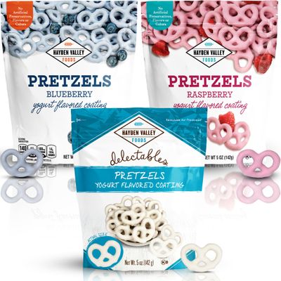 Hayden Valley Foods Yogurt Flavored Covered Pretzel Variety Pack | 5 oz Bags (Pack of 3) | Raspberry, Blueberry and Vanilla | Gourmet Naturally Flavored Pink, Blue and White Pretzels