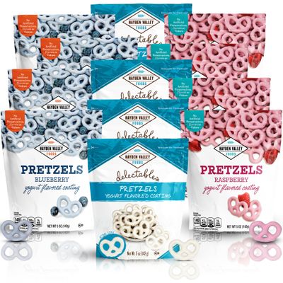 Hayden Valley Foods Yogurt Flavored Covered Pretzel Variety Pack | 5 oz Bags (Pack of 12) | Raspberry, Blueberry and Vanilla | Gourmet Naturally Flavored Pink, Blue and White Pretzels