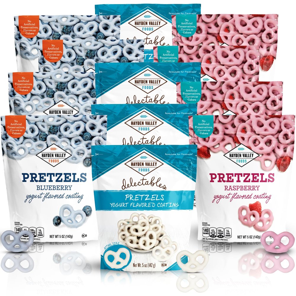 Hayden Valley Foods Yogurt Flavored Covered Pretzel Variety Pack | 5 oz Bags (Pack of 12) | Raspberry, Blueberry and Vanilla | Gourmet Naturally Flavored Pink, Blue and White Pretzels