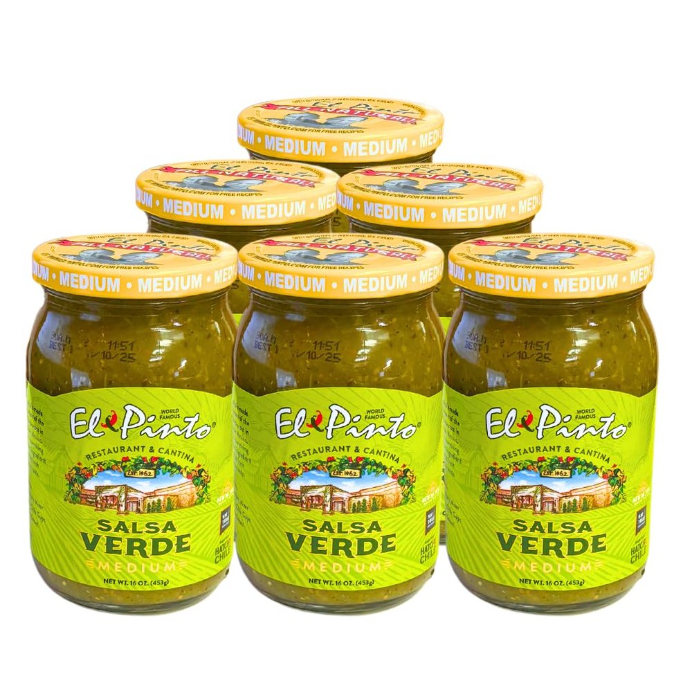 El Pinto Salsa Verde, Tomatillo & Hatch Green Chile, Medium Heat, 16 OZ (Pack of 6)