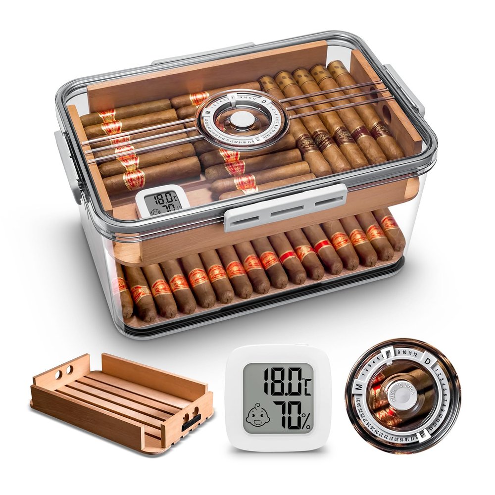 CIGARLOONG Cigar Humidor Large Accommodate 100 Cigars,Built-in Cedar Wood Shelf with High Precision Hygrometer Transparent Cigar Storage Box