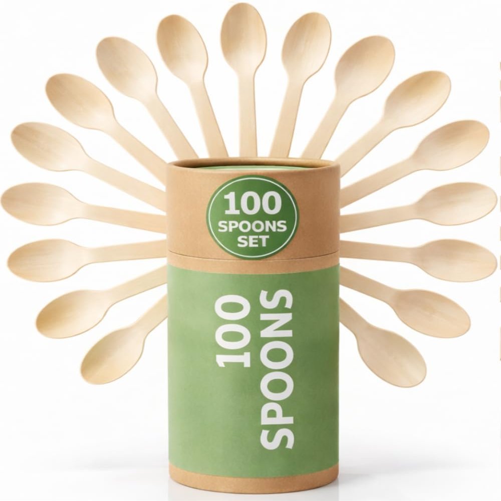 (100 Count) Disposable Wooden Spoons Set - Alternative to Plastic, Eco Friendly, Biodegradable, Compostable Cutlery Set - 100 Wood Spoons Disposable Set