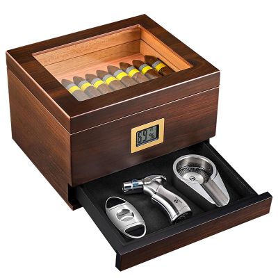Cigar Humidors, Spanish Cedar Cigar Box, Glass Top humidors with Accessories Drawer, Handmade Digital Hygrometer Front Humidifier and, Hold 50-60 Cigars -Thanksgiving