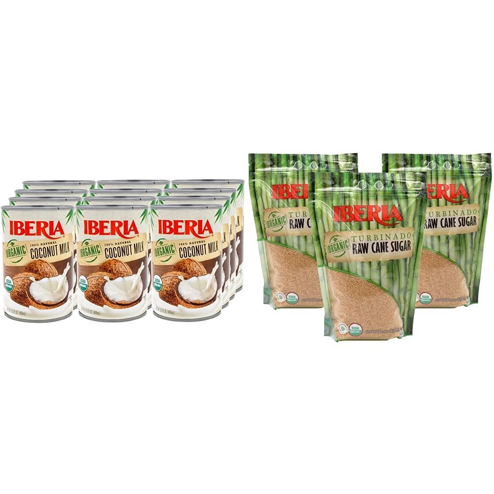Iberia Organic Coconut Milk, 13.5 fl. oz. (Pack of 12) + Iberia Organic Turbinado Sugar, 1.5 lb. (Pack of 3)