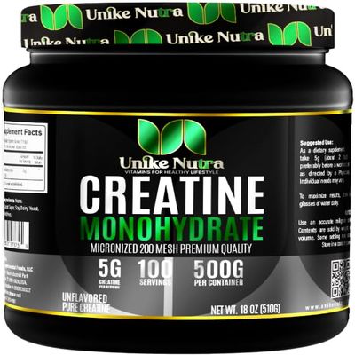 Unike Nutra Pure Creatine Monohydrate Powder Supplement, Unflavored, Supports Bulk Muscle Energy, Recovery, & Strength - Creatine Supplement for Men & Women - 500G, 5000mg Per Serv (5g) - 100 Servings