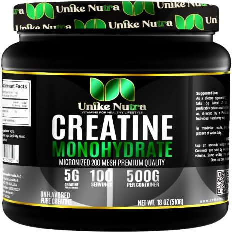 Unike Nutra Pure Creatine Monohydrate Powder Supplement, Unflavored, Supports Bulk Muscle Energy, Recovery, & Strength - Creatine Supplement for Men & Women - 500G, 5000mg Per Serv (5g) - 100 Servings