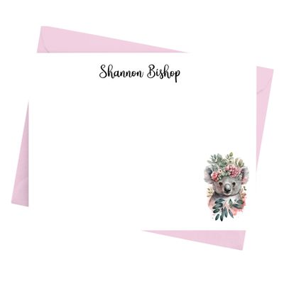 Cathy Wraps Koala Note Cards with Envelopes, Personalized Stationery Set for Girls, Pack of 12 Flat Notecards
