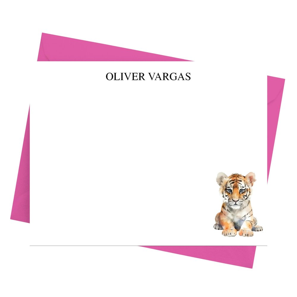 Cathy Wraps Tiger Note Cards with Envelopes, Personalized Animal Stationery Set, Pack of 12 Flat Notecards