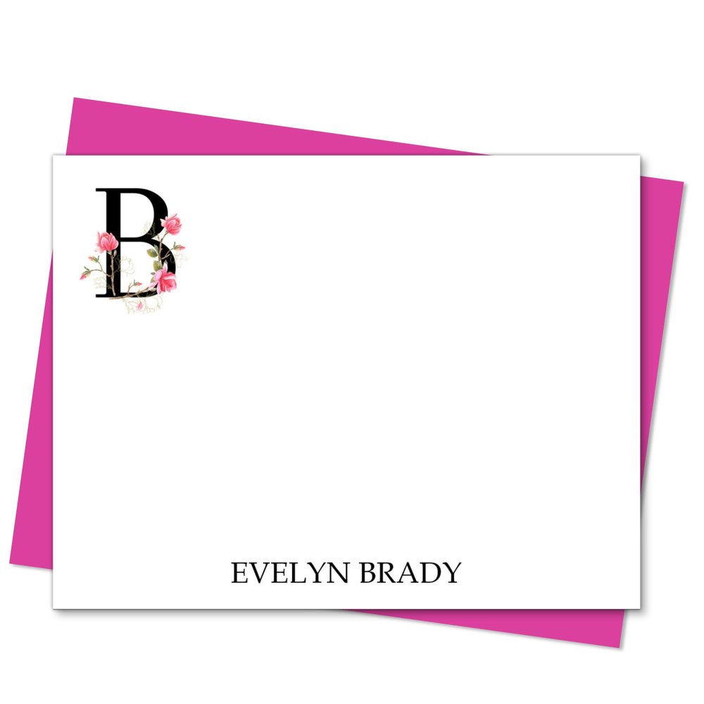 Cathy Wraps Pink Floral Single Initial Monogram Note Cards with Envelopes, Personalized Stationery Set for Women, Pack of 12 Flat Notecards