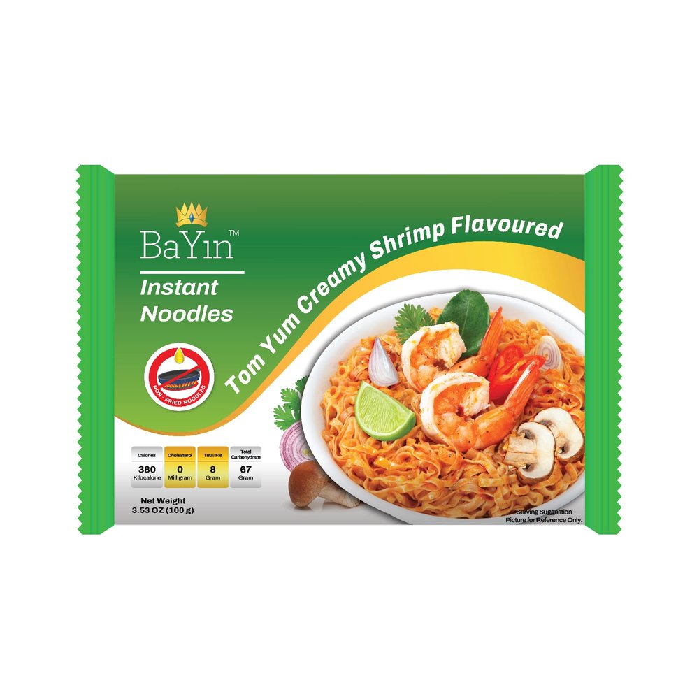 Bayin Instant Noodles - Non Fried - Dry 3.53oz (100g) Pack of 2 (Tom Yum Creamy Shrimp Flavored, 2)