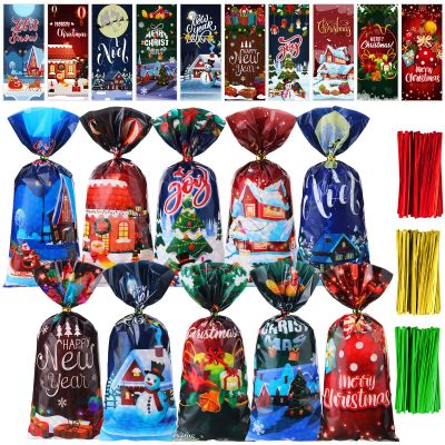 Spiareal 200 Pcs Christmas Cellophane Candy Goodie Bags Bulk Xmas Gift Treat Cookie Popcorn Bags Plastic Santa Claus Christmas Hat Snowman With 300 Ties Christmas Party Favor Supplies(Vintage Style)