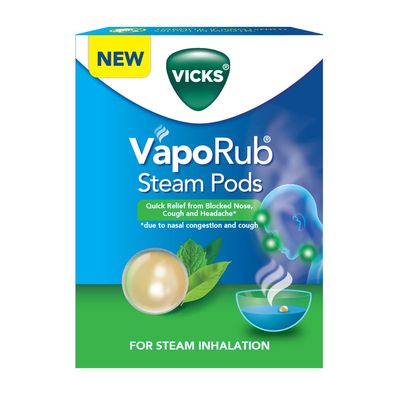 Vicks VapoRub SteamPods 4s, for Steam Inhalation, Quick Relief from Blocked Nose, Sinus Congestion, Headache, and Cough Due to Cold. Pack of 4 Pods
