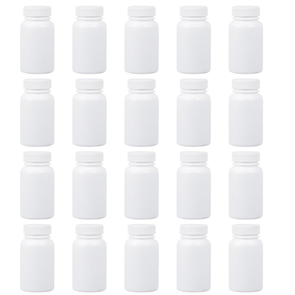 Healifty 20pcs Plastic Medicine Pill Bottle Portable Container Case Organizer with Caps for Travel Storage Dispenser Organization 100ml White