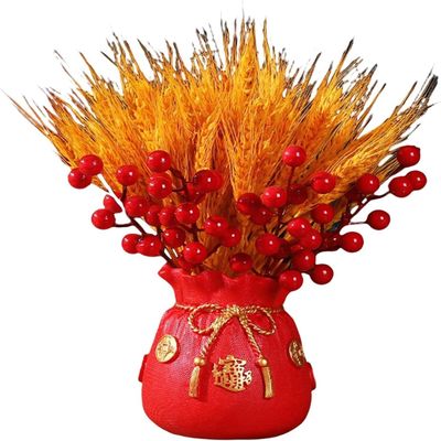 Chinese Bonsai Ornament Dried Stalks Bouquet Simulation Flowers Bouquet Chinese Potted Plant Ornament Flower Basket Ornament for New Year Party Home Decor - Red