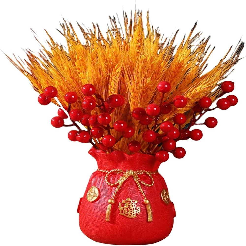 Chinese Bonsai Ornament Dried Stalks Bouquet Simulation Flowers Bouquet Chinese Potted Plant Ornament Flower Basket Ornament for New Year Party Home Decor - Red