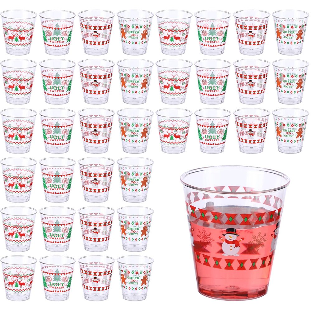 Funtery 60 Pcs Christmas Ugly Sweater Plastic Shot Glasses 1.7 oz Disposable Mini Christmas Shot Cups Bulk Xmas Tree Reindeer Gingerbread Snowman Drinking Cups for Holiday Party Supplies Decoration