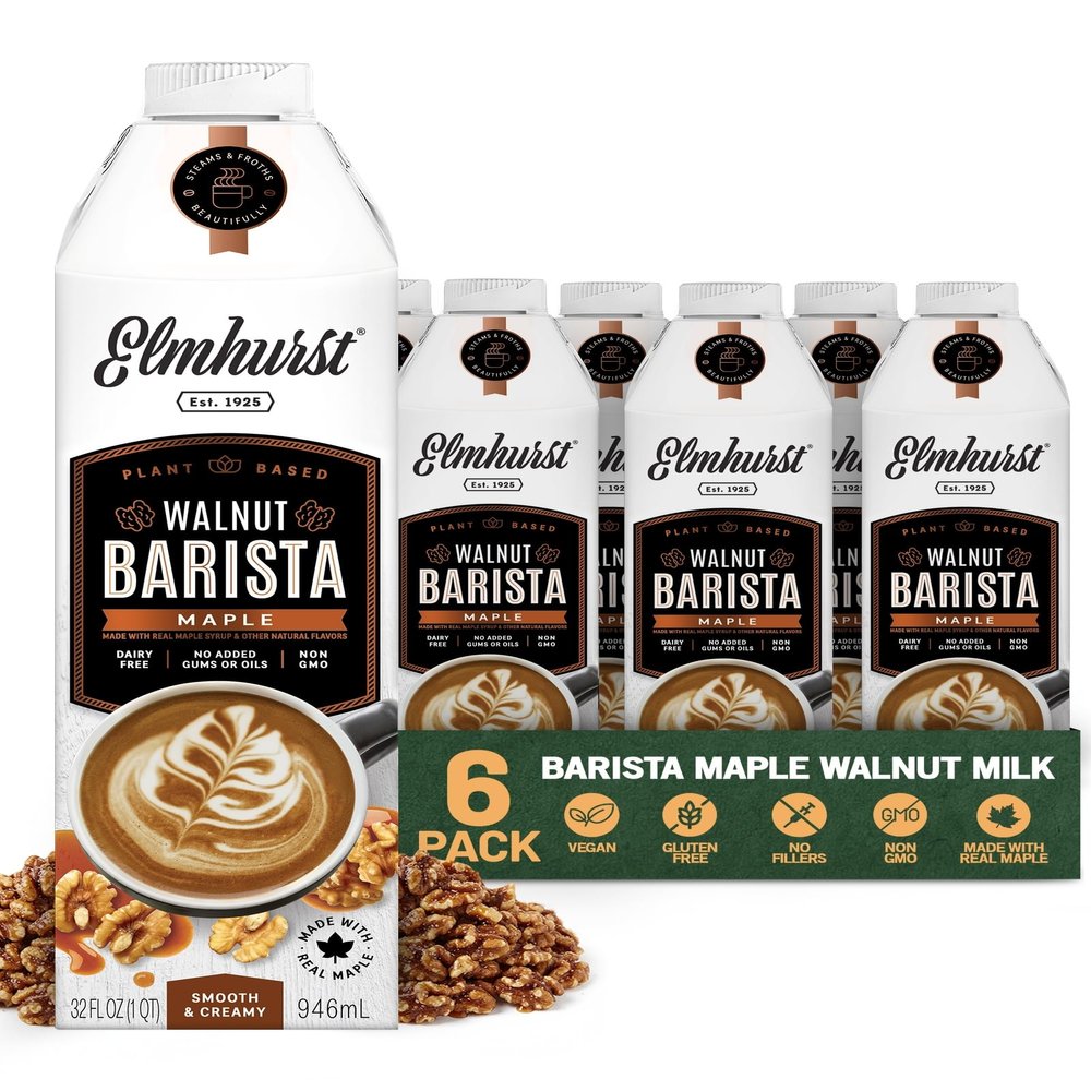 Elmhurst 1925 Maple Walnut Milk Barista Edition  32 Ounce (Pack of 6) Plant-Based, Extra Creamy, Vegan, Dairy-Free, Non-GMO, Kosher, Sweetened with Real Maple Syrup for Flavorful Lattes & Iced Drinks