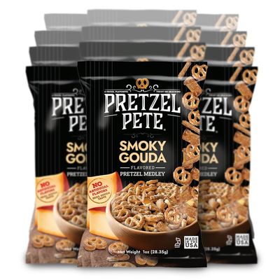 Pretzel Pete Smoky Gouda Seasoned Pretzel Medley, Single Serve Pack, Nut-Free and Sesame-Free Snack, Small Batch, Bold Flavor (1oz, Pack of 24)