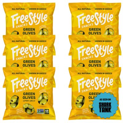 Freestyle Snacks Olive Snack Packs - As Seen on Shark Tank - Single Serve - Fresh Pitted Green Olives, Grown in Greece, All Natural, Non-GMO, Sugar-Free, Salty Snack - Lemon Garlic, 1.1oz (6 Pack)