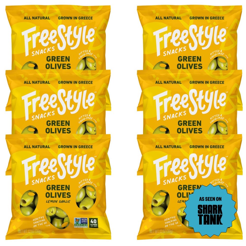 Freestyle Snacks Olive Snack Packs - As Seen on Shark Tank - Single Serve - Fresh Pitted Green Olives, Grown in Greece, All Natural, Non-GMO, Sugar-Free, Salty Snack - Lemon Garlic, 1.1oz (6 Pack)