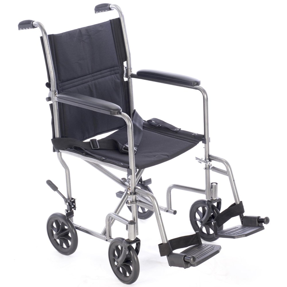 19 Transport Wheelchairs for Adults, Foldable and Lightweight - Silver Steel Frame Wheel Chair with Nylon Seats, Padded Armrests, and Swing Away Footrests