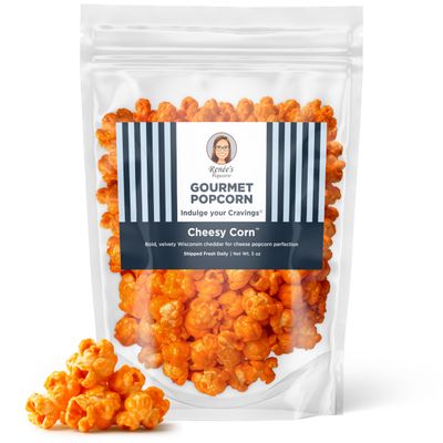 Renes Cheesy Corn Gourmet Popcorn - real Wisconsin cheddar cheese is smooth and velvety making for delicious cheesiest fresh popped corn snack or gift resealable, 5oz bag.