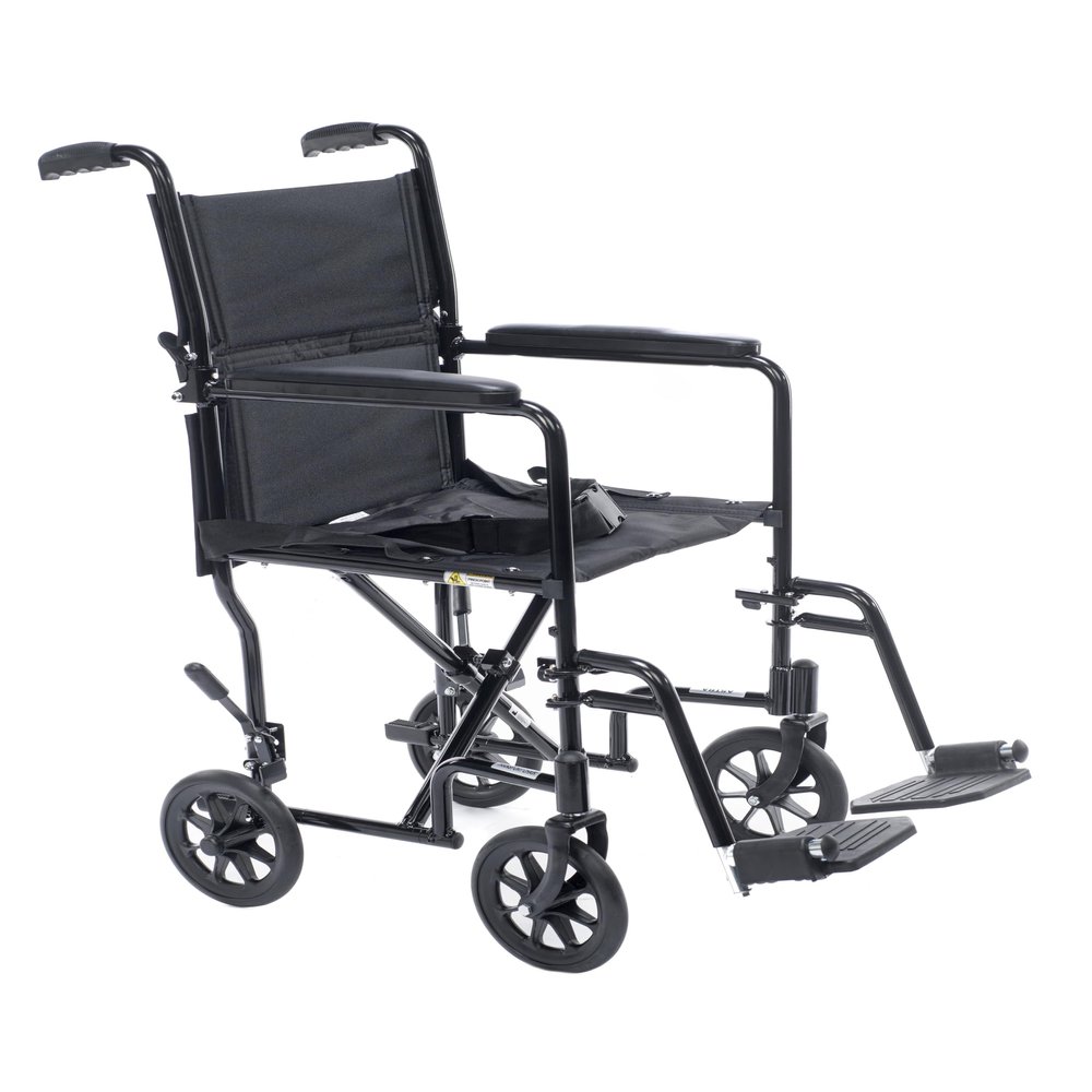 19 Aluminum Transport Wheelchairs for Adults, Foldable and Lightweight - Black Transfer Wheel Chair for Seniors - Nylon Seat, Padded Armrests, and Swing Away Footrests