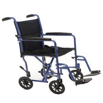 19 Aluminum Transport Wheelchairs for Adults, Foldable and Lightweight - Blue Transfer Wheel Chair for Seniors - Nylon Seat, Padded Armrests, and Swing Away Footrests
