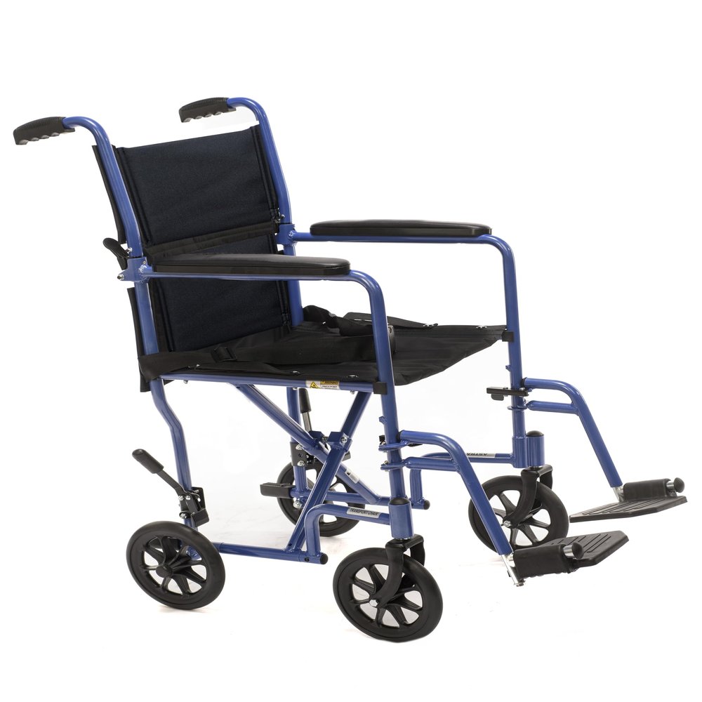 19 Aluminum Transport Wheelchairs for Adults, Foldable and Lightweight - Blue Transfer Wheel Chair for Seniors - Nylon Seat, Padded Armrests, and Swing Away Footrests
