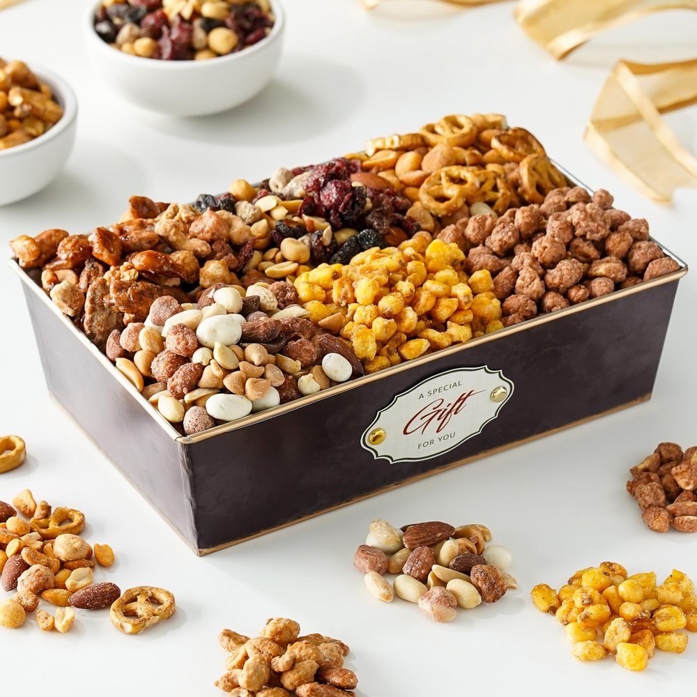 Broadway Basketeers Nuts Gift Basket - A Variety of 6 Gourmet Nut Mixes Snack Food Box, Healthy Gift for Men & Women, Get Well, Sympathy, Birthday, Corporate