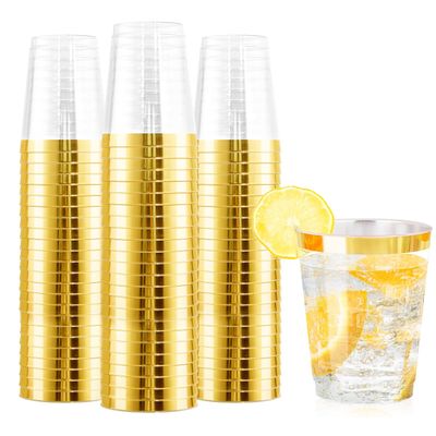 Ciaell 120PCS Gold Plastic Cups - 12Oz Heavy Duty Plastic Cup - Disposable Gold Rimmed Cups - Premium Gold Rim Cup Perfect for Wedding & Party