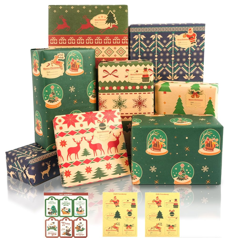 6 Sheets Christmas Wrapping Paper Set - Red & Green Kraft Wrapping Paper for Girls, Boys, Women & Men - 6 Vintage Xmas Designs, 20x30 Inches
