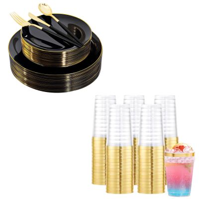150pcs Black Plastic Plates, Black and Gold Plastic Plates,Gold Plastic Silverware with 200pcs Gold Plastic Cups,12oz Party Cups,Clear Plastic Cups Tumblers