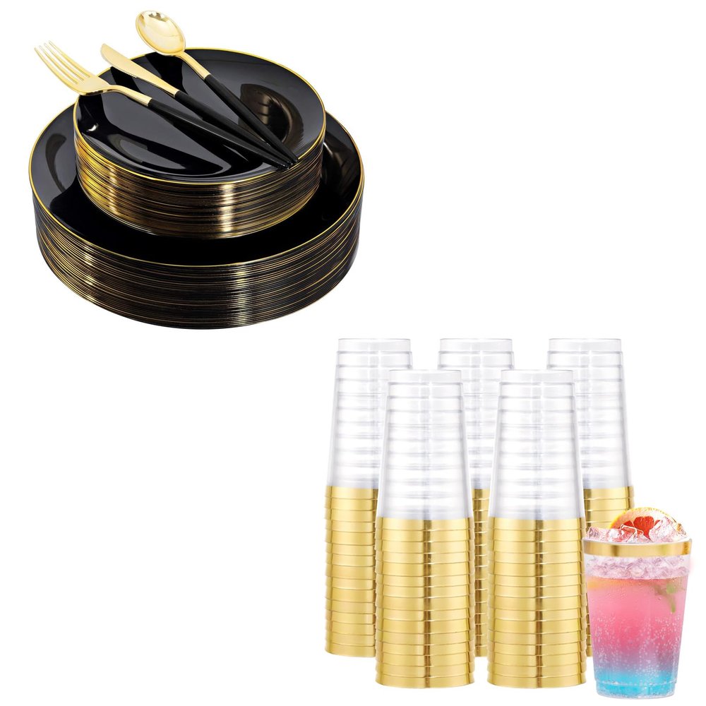 150pcs Black Plastic Plates, Black and Gold Plastic Plates,Gold Plastic Silverware with 200pcs Gold Plastic Cups,12oz Party Cups,Clear Plastic Cups Tumblers