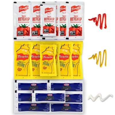 French's Tomato Ketchup -Yellow Mustard Packets and Kraft Real Mayo Mayonnaise - Bulk Pack Kosher 100 Single Serve Grab-n-Go Condiments Pouches for Picnics, Lunch and Travel, HOT DOG, Sandwich - 40 Individual Portions Ketchup, 40 Individual Portions