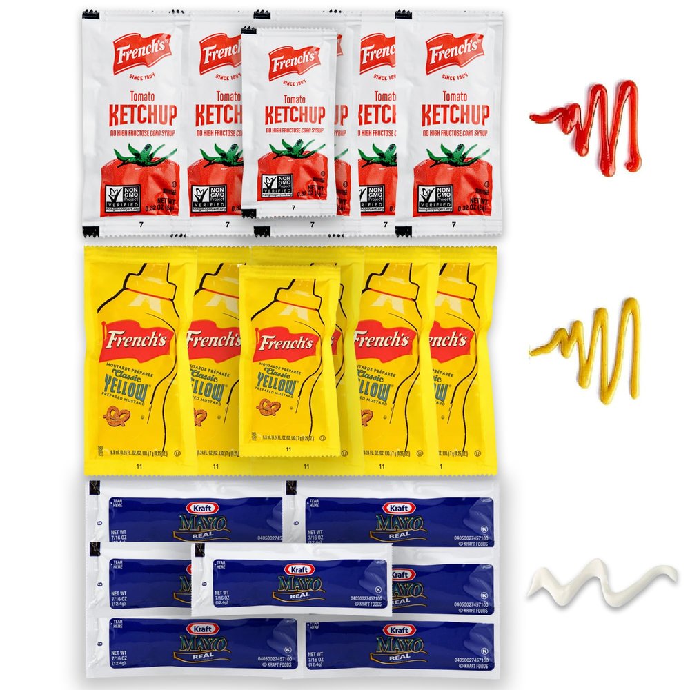 French's Tomato Ketchup -Yellow Mustard Packets and Kraft Real Mayo Mayonnaise - Bulk Pack Kosher 100 Single Serve Grab-n-Go Condiments Pouches for Picnics, Lunch and Travel, HOT DOG, Sandwich - 40 Individual Portions Ketchup, 40 Individual Portions 