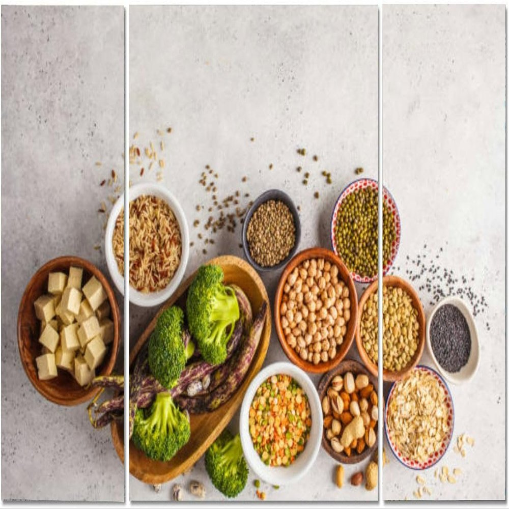 Vegan protein source Tofu beans chickpeas nuts and seeds a white top v Large Wall Art Decor Canvas Wall Art Paintings Pictures for Bedroom Above Bed Living Room Decoration Office Artwork 3 Piece