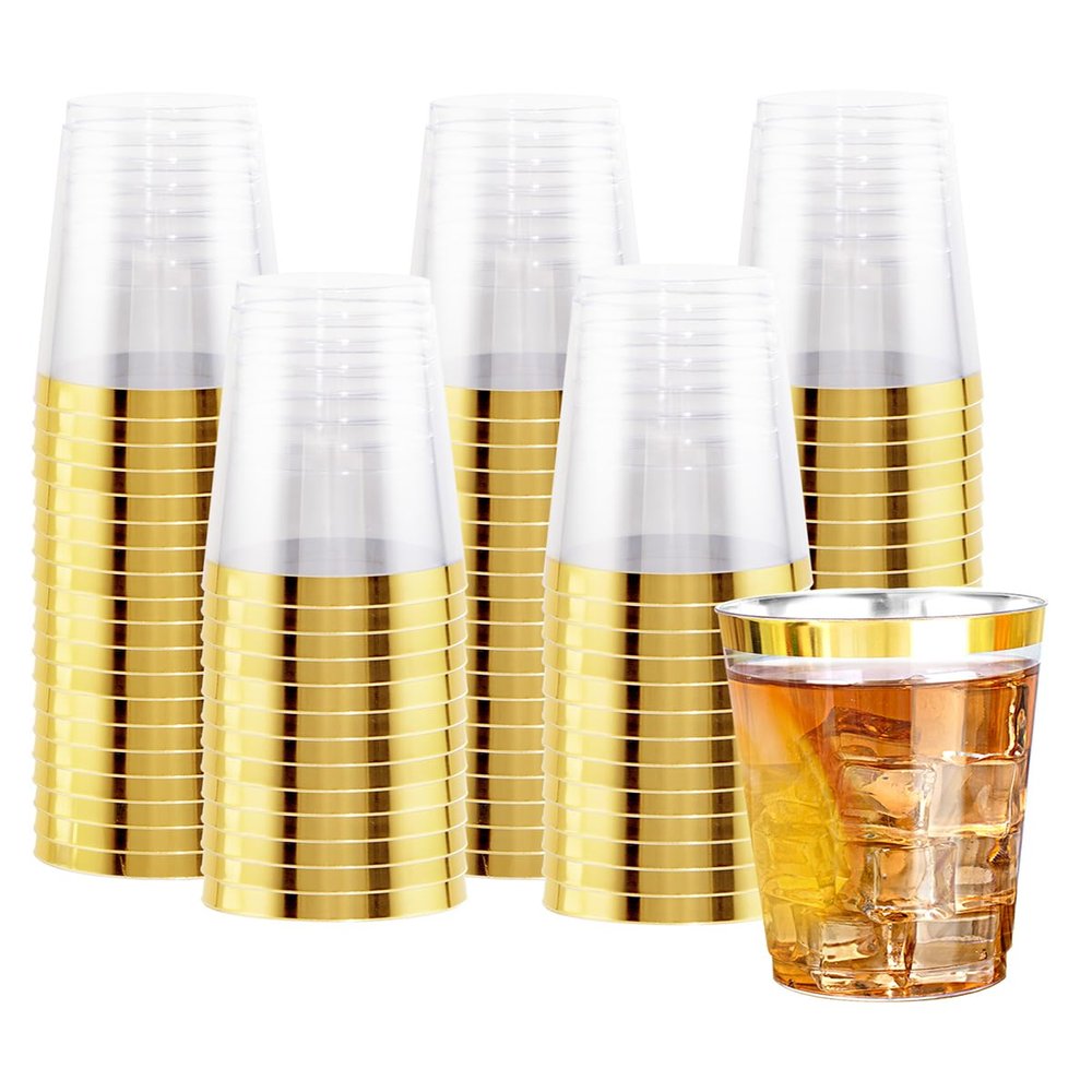 Ciaell 120PCS Gold Plastic Cups - 10Oz Heavy Duty Clear Plastic Cups with Gold Rim - Gold Rim Disposable Cups for Wedding, Birthday