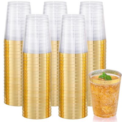 Nervure 120PCS Gold Plastic Cups - 10Oz Gold Rim Plastic Cups - Heavy Duty Disposable Cups - Clear Cup with Gold Rim for Weddings, Birthdays, Gatherings and Party