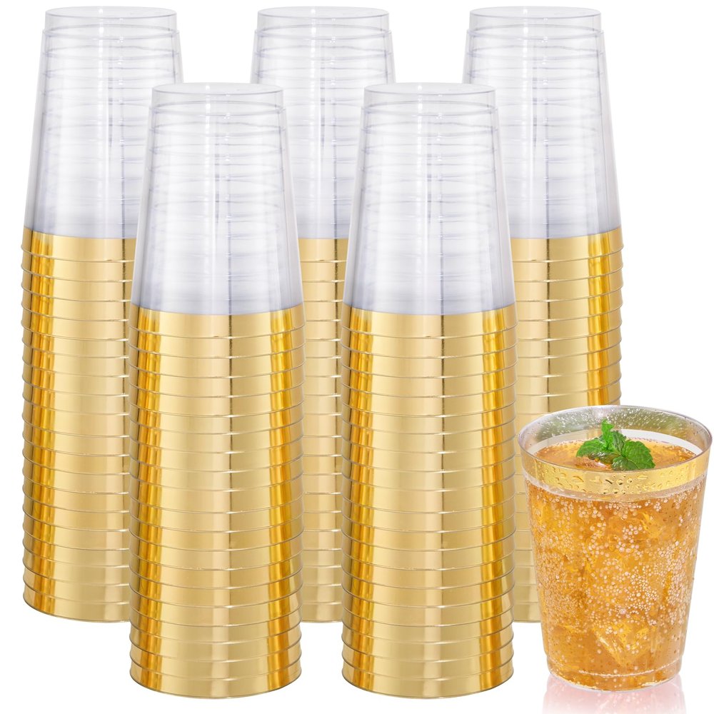 Nervure 120PCS Gold Plastic Cups - 10Oz Gold Rim Plastic Cups - Heavy Duty Disposable Cups - Clear Cup with Gold Rim for Weddings, Birthdays, Gatherings and Party