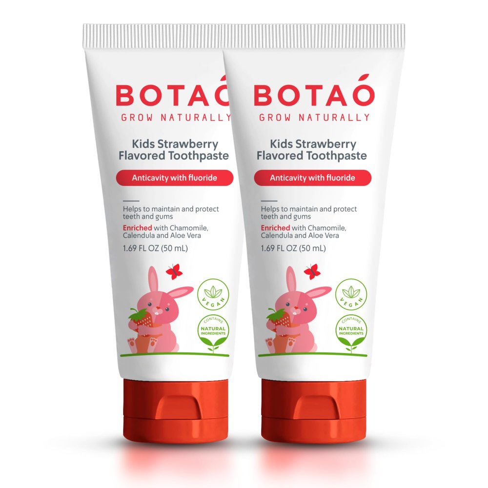 BOTAO Kids Toothpaste | Natural Strawberry Flavored Anticavity Fluoride Toothpaste Maximum Cavity Protection| EWG Verified, Vegan, SLS Free, Safe to Swallow, Aloe Vera (2Pack)