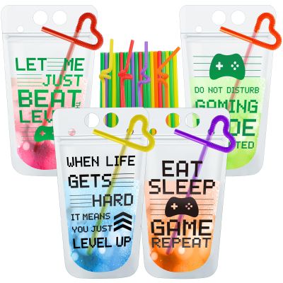 24 Pcs Video Game Party Favors Cups Video Gaming Themed Plastic Drink Pouches with Straws Clear Zipper Bags Reusable Pouches for Birthday Decor Party Favors Gift Prizes (Black,Green)