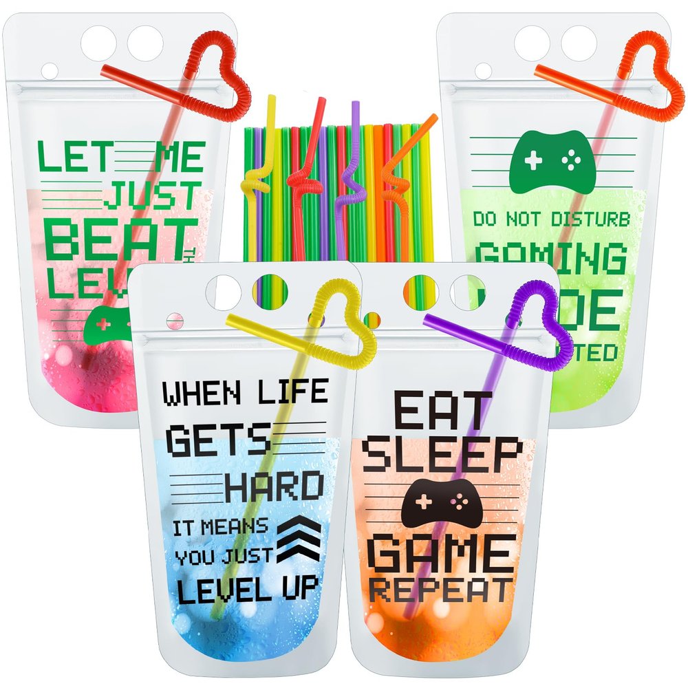 24 Pcs Video Game Party Favors Cups Video Gaming Themed Plastic Drink Pouches with Straws Clear Zipper Bags Reusable Pouches for Birthday Decor Party Favors Gift Prizes (Black,Green)