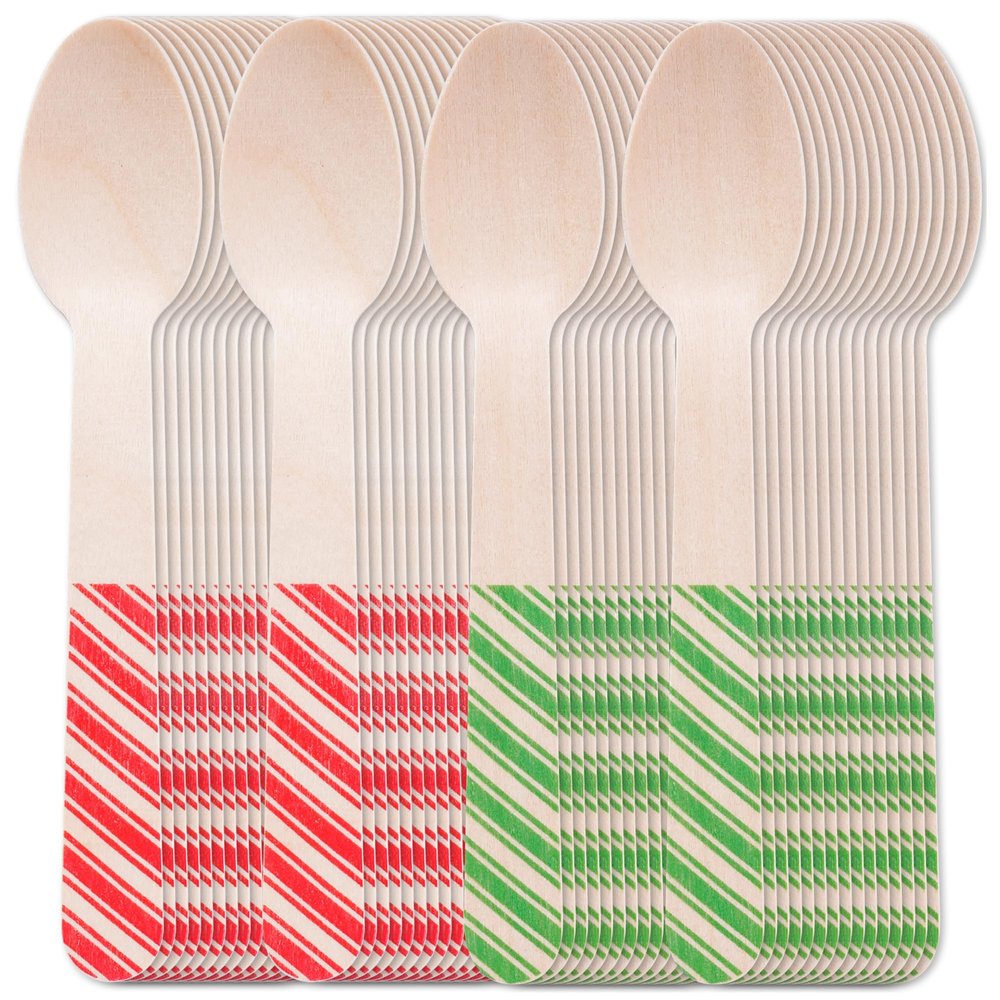 120Pcs Christmas Disposable Wooden Spoons Red Green Stripe Wooden Spoons Striped Tasting Spoons Christmas Candy Cane Striped Spoons for Ice Cream Cake Chocolate Coffee (Red and Green)