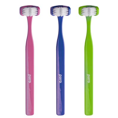 Paro 3 in 1 Superbrush, Soft Toothbrush with Triple Head, Thorough Clean All Sides, 3 Pack Multi-Colored