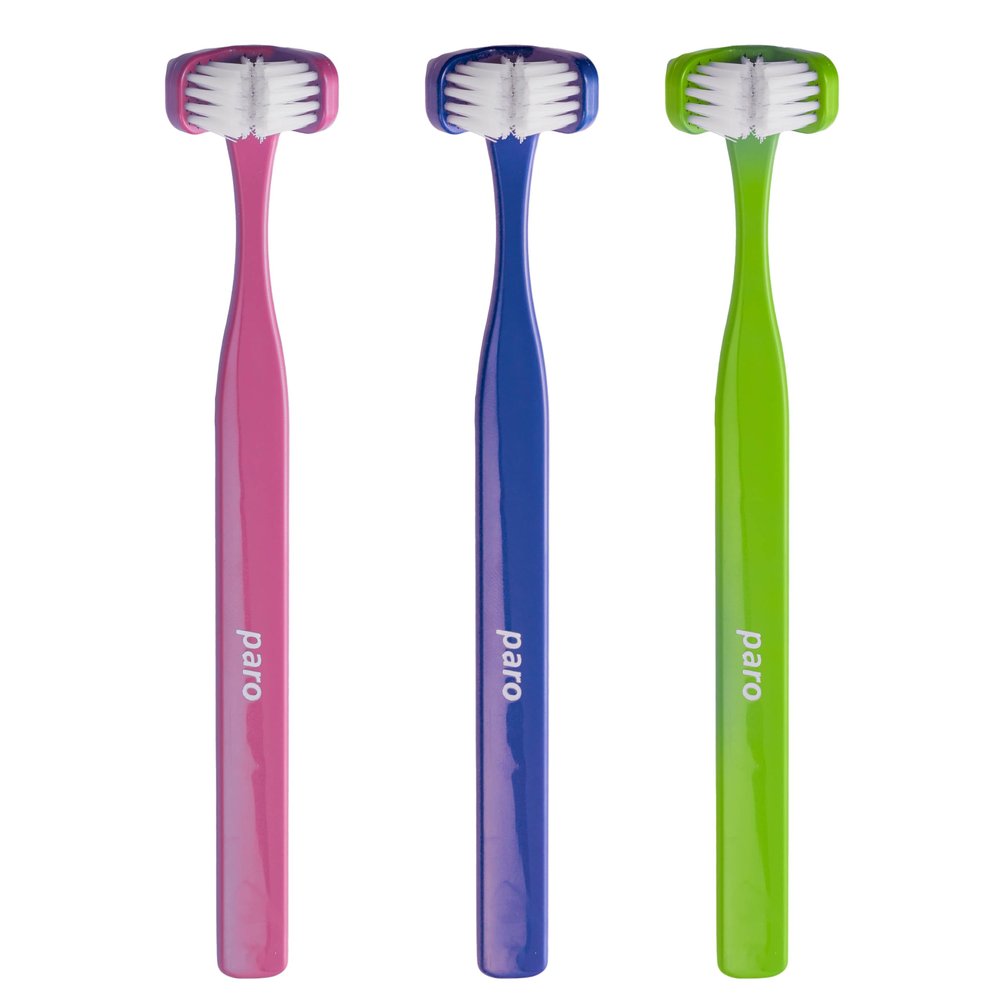 Paro 3 in 1 Superbrush, Soft Toothbrush with Triple Head, Thorough Clean All Sides, 3 Pack Multi-Colored