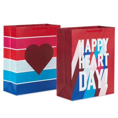 Hallmark 15" Extra Large Valentine's Day Gift Bags (2 Bags: Happy Heart Day, Jewel-Tone Stripes) for Kids, Galentines Day, Spouse