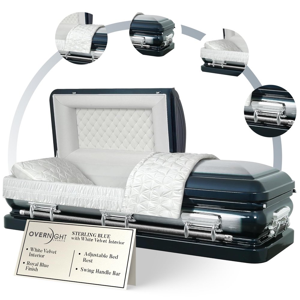Overnight Caskets - Sterling Steel Funeral Casket Blue with White Interior - Premium 18 Gauge Steel - Fully Appointed Adult Casket - Coffin Featuring Plush Velvet Interior with Pillow/Throw Set