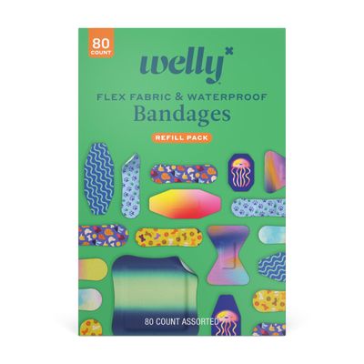 Welly Bandage Family Pack | Adhesive Flexible Fabric & Waterproof Bandages | Assorted Shapes and Patterns for Minor Cuts, Scrapes, and Wounds - 80 Count