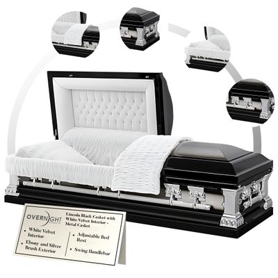 Overnight Caskets LINCOLN Metal Funeral Casket Black with White Velvet Interior - Premium 18-Gauge Steel - Fully Appointed Adult Casket - Coffin Featuring Velvet Interior Lining w/Pillow & Throw Set
